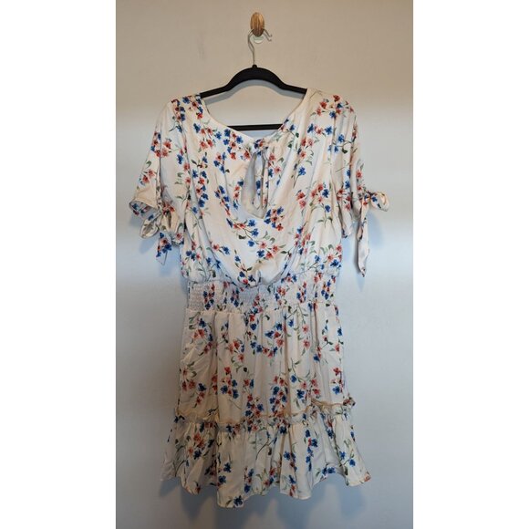 Saltwater Luxe Floral Print Smocked Waist Mini Dress With Tie Sleeves & Back L - Picture 2 of 5